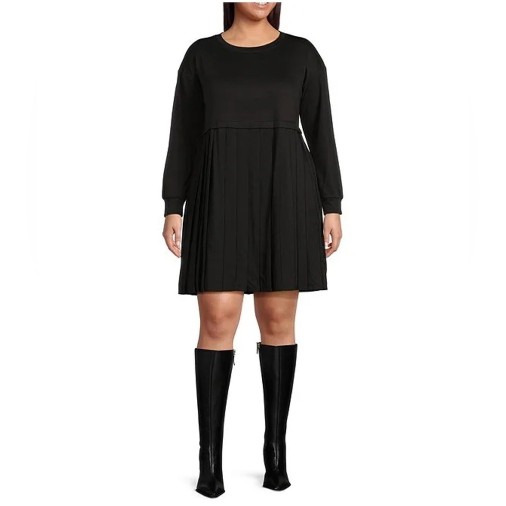 MOA MOA Plus Size 3X Black Long Sleeve Pleated-Skirt Fit & Flare Dress Knee NEW